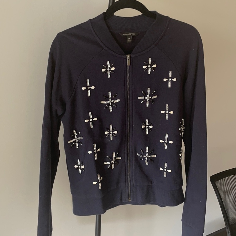 Banana Republic Navy Jeweled Sweatshirt Bomber